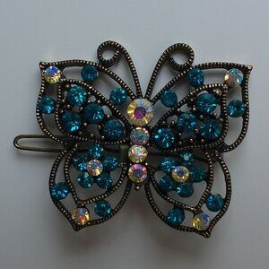 Butterfly Hair Clip, Gold color, blue rhinestone, shiny crystals